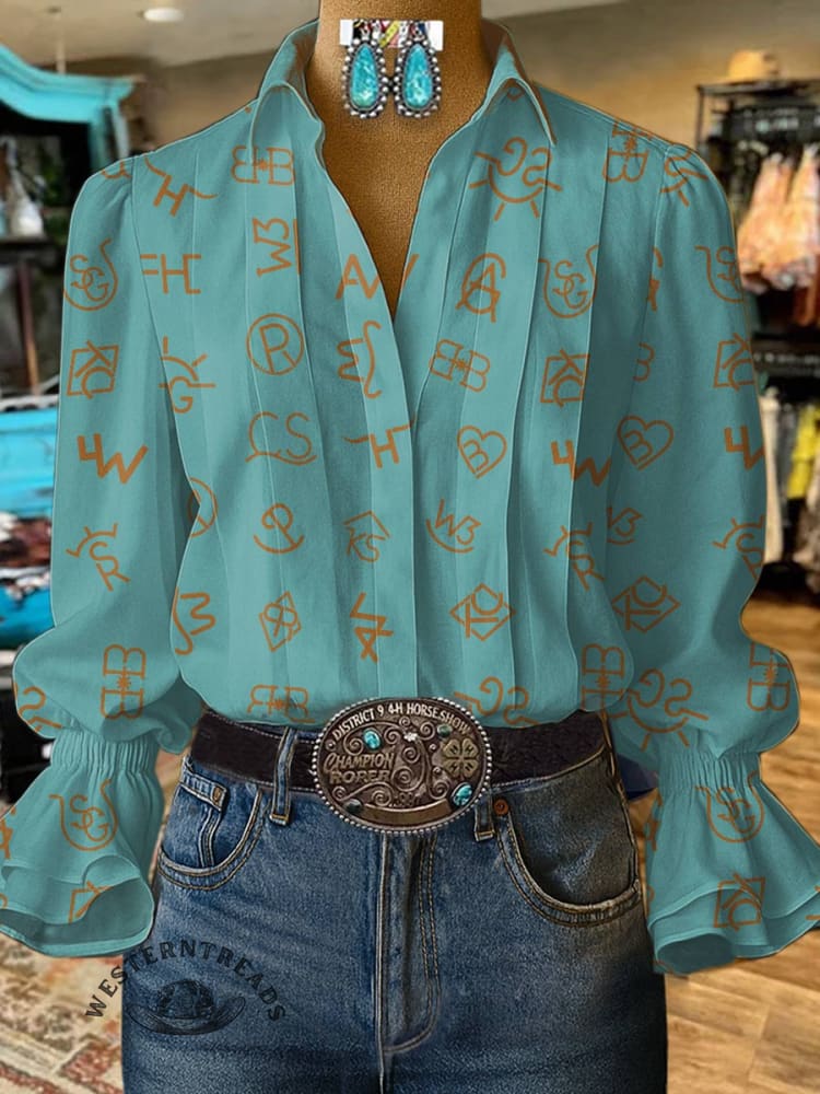 Women's Cattle Brands Print Casual Cotton And Linen Shirt