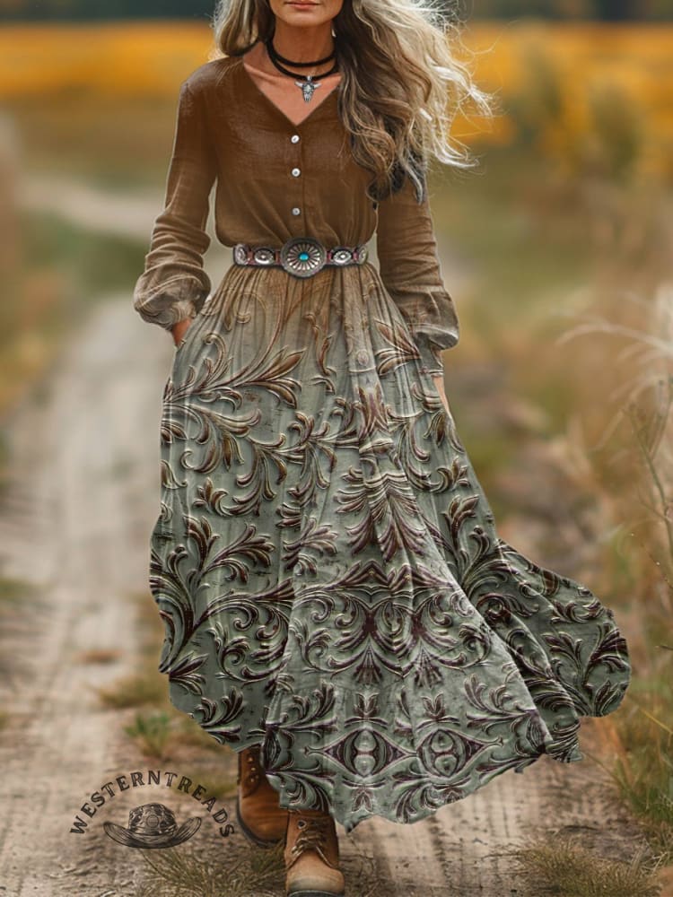 🔥Hot Sale🔥Women's Classic West Print V-Neck Button Pocket Cotton Dress