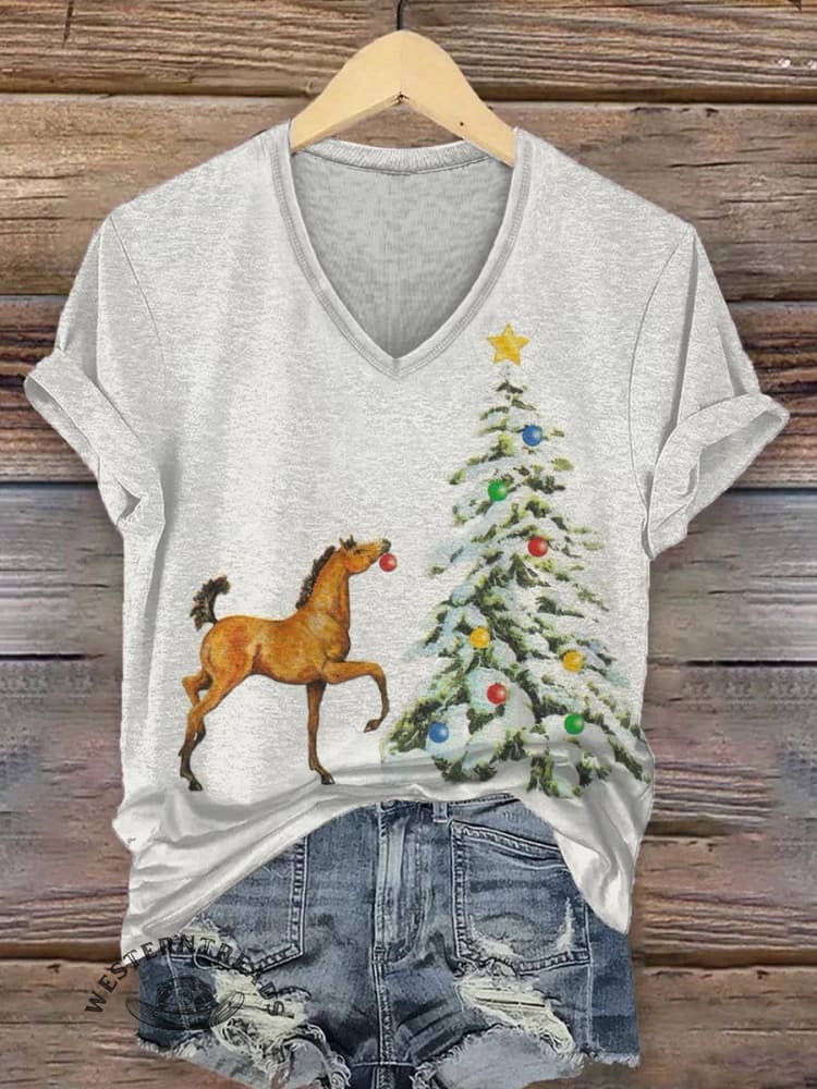 Women's Christmas Tree Print V-neck Casual T-Shirt