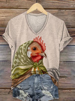 Women's Chicken Print V-neck Casual T-Shirt