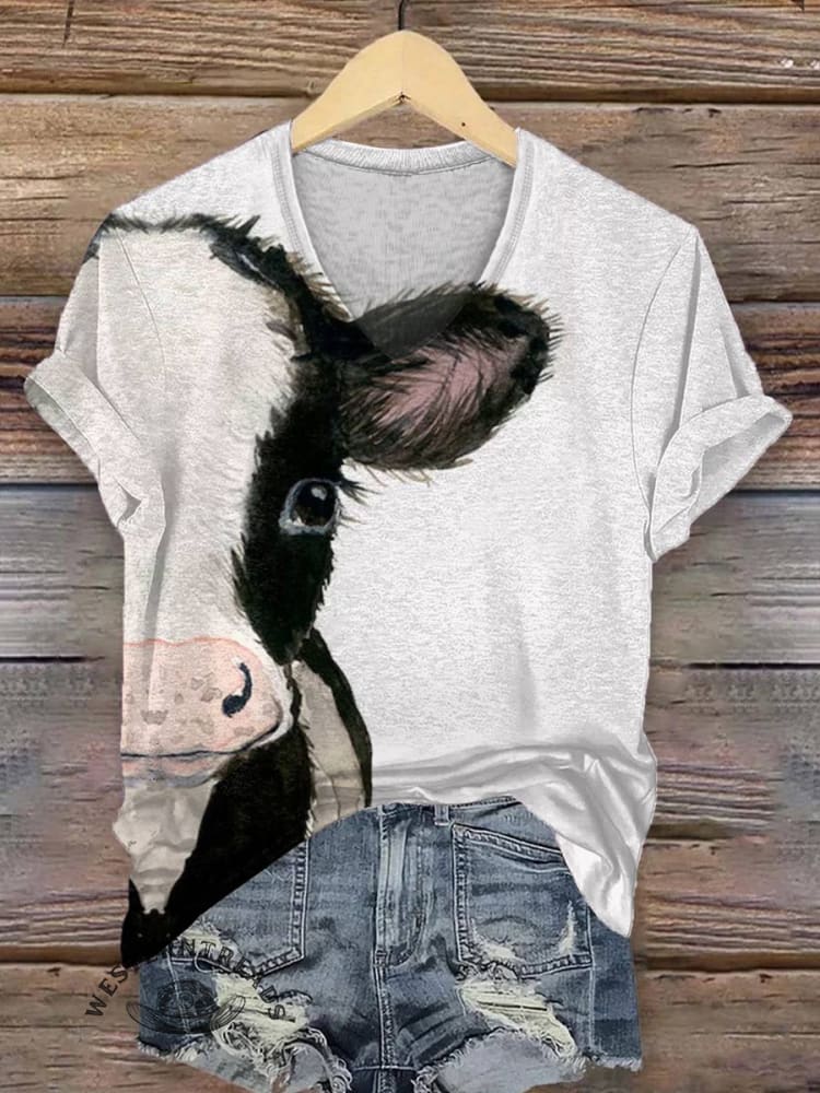 Cute Cow Print Women's V-neck Casual T-Shirt