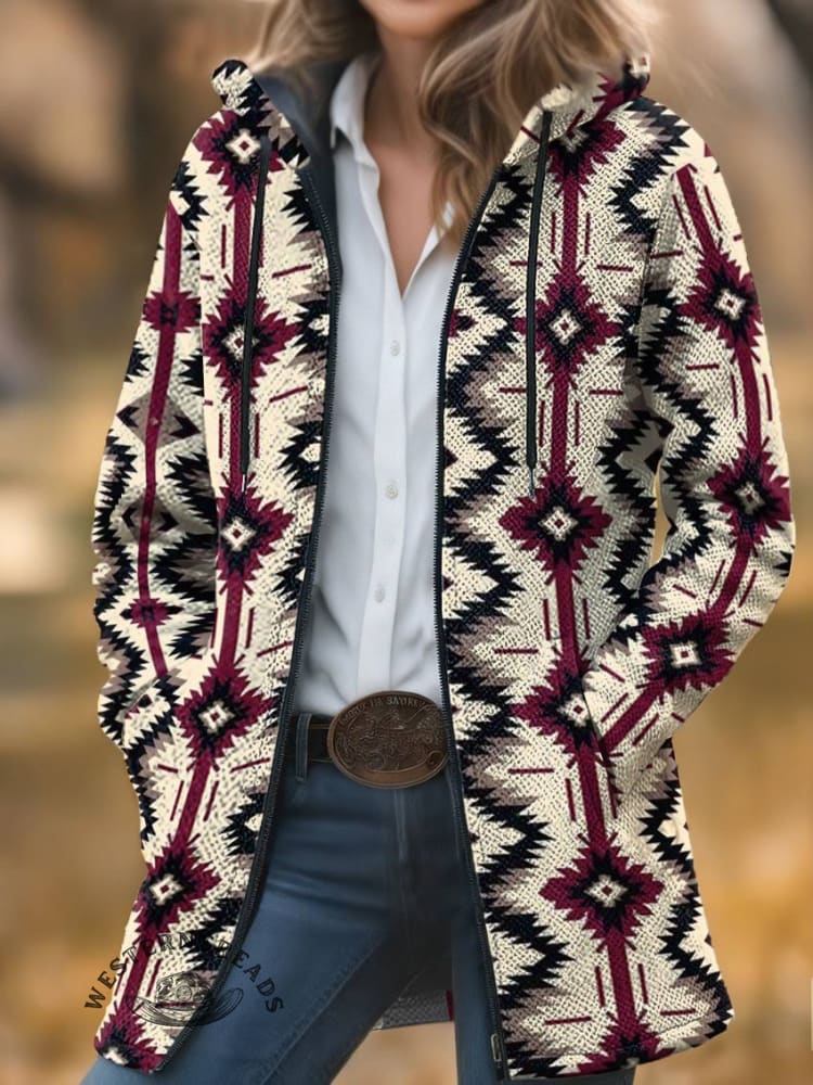 Aztec Print Unisex Plush Thick Long-Sleeved Cardigan Coat