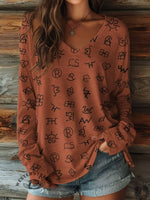 100% Cotton🍃Women's Cattle Brands Print Casual V-neck Long Sleeve T-shirt