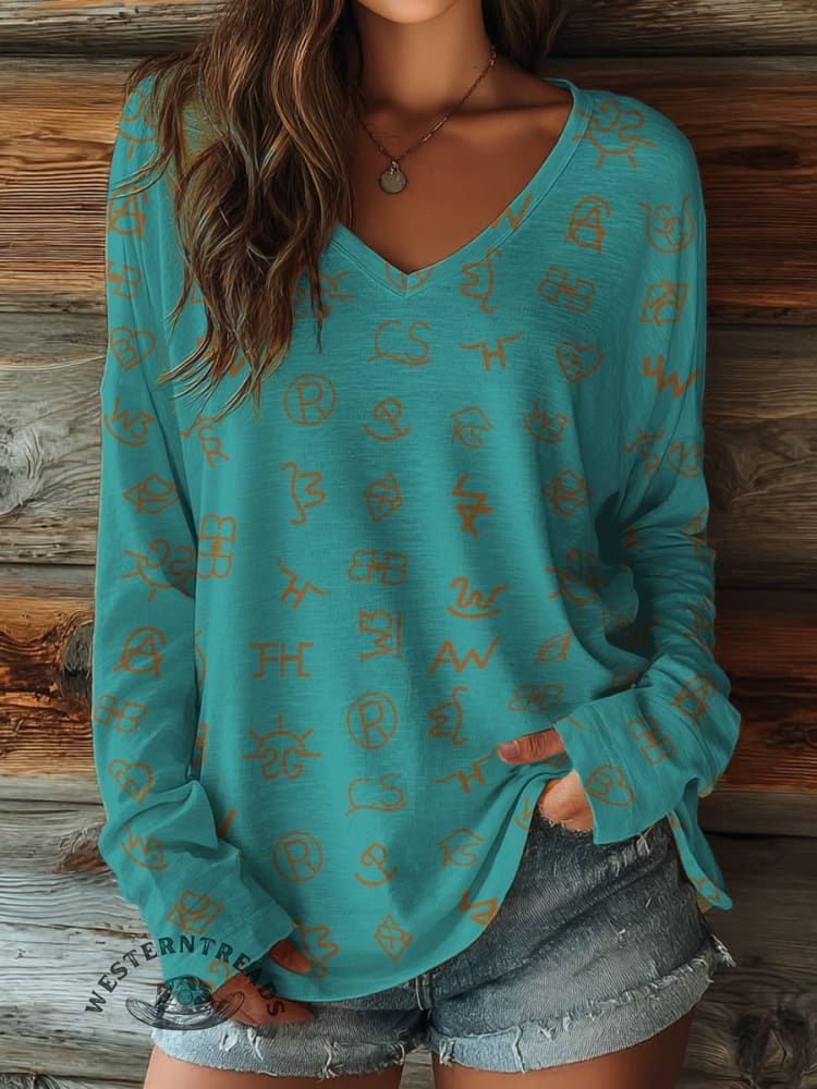 100% Cotton🍃Women's Cattle Brands Print Casual V-neck Long Sleeve T-shirt