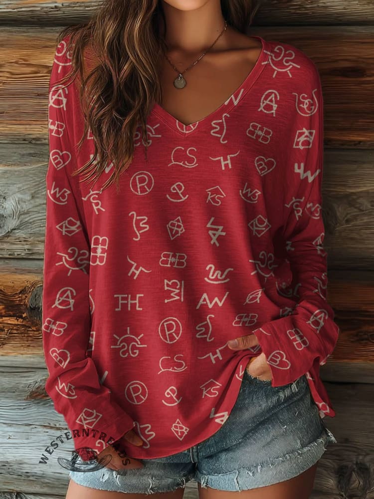 100% Cotton🍃Women's Cattle Brands Print Casual V-neck Long Sleeve T-shirt