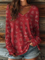 100% Cotton🍃Women's Cattle Brands Print Casual V-neck Long Sleeve T-shirt