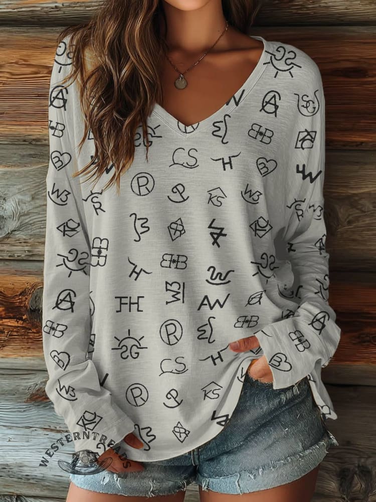 100% Cotton🍃Women's Cattle Brands Print Casual V-neck Long Sleeve T-shirt