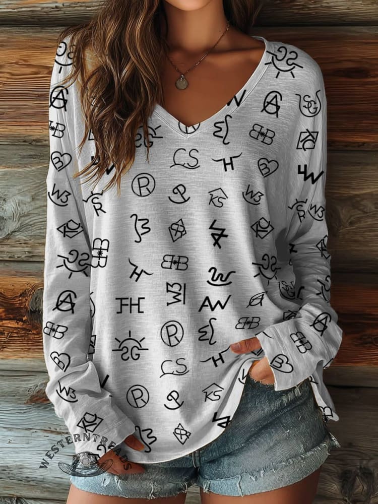 100% Cotton🍃Women's Cattle Brands Print Casual V-neck Long Sleeve T-shirt