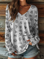 100% Cotton🍃Women's Cattle Brands Print Casual V-neck Long Sleeve T-shirt