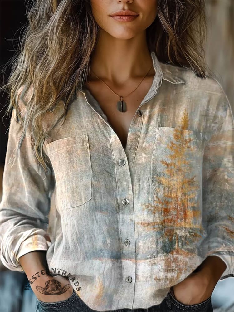 Women's Christmas Tree Print Casual Long Sleeve Comfortable Cotton Shirt