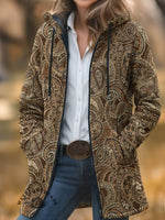 Brown Paisley Print Unisex Plush Thick Long-Sleeved Sweater Cardigan Coat
