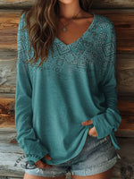 100% Cotton🍃Women's Paisley Print Casual V-neck Long Sleeve T-shirt