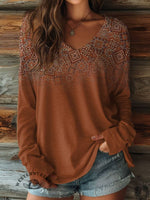 100% Cotton🍃Women's Paisley Print Casual V-neck Long Sleeve T-shirt