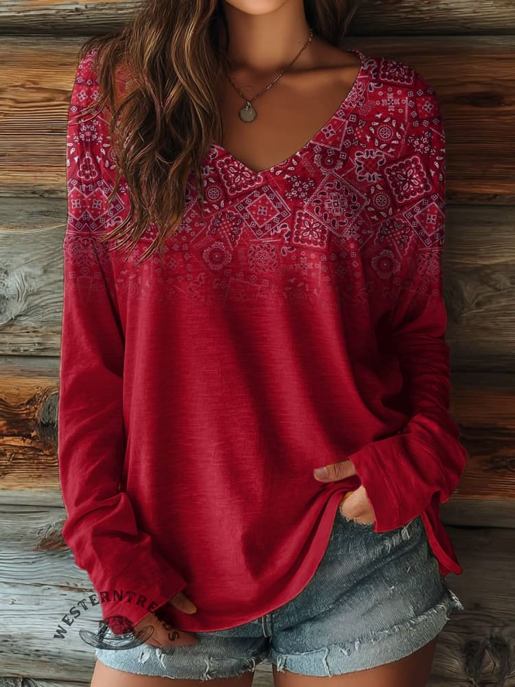 100% Cotton🍃Women's Paisley Print Casual V-neck Long Sleeve T-shirt