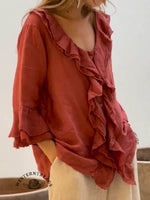 Women's Ruffles Casual Cotton And Linen 3/4 Sleeves Shirt