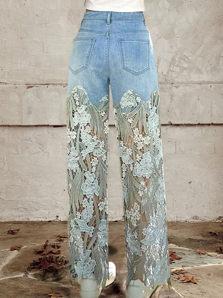 Women's Buttoned Lace Patchwork Jeans Pants