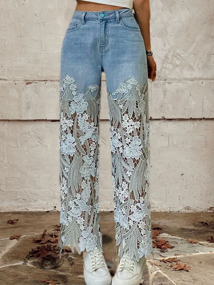 Women's Buttoned Lace Patchwork Jeans Pants