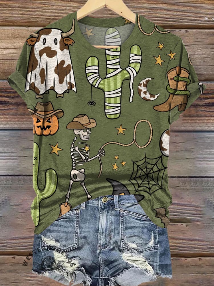 Western Halloween Seamless Pattern Print T-shirt