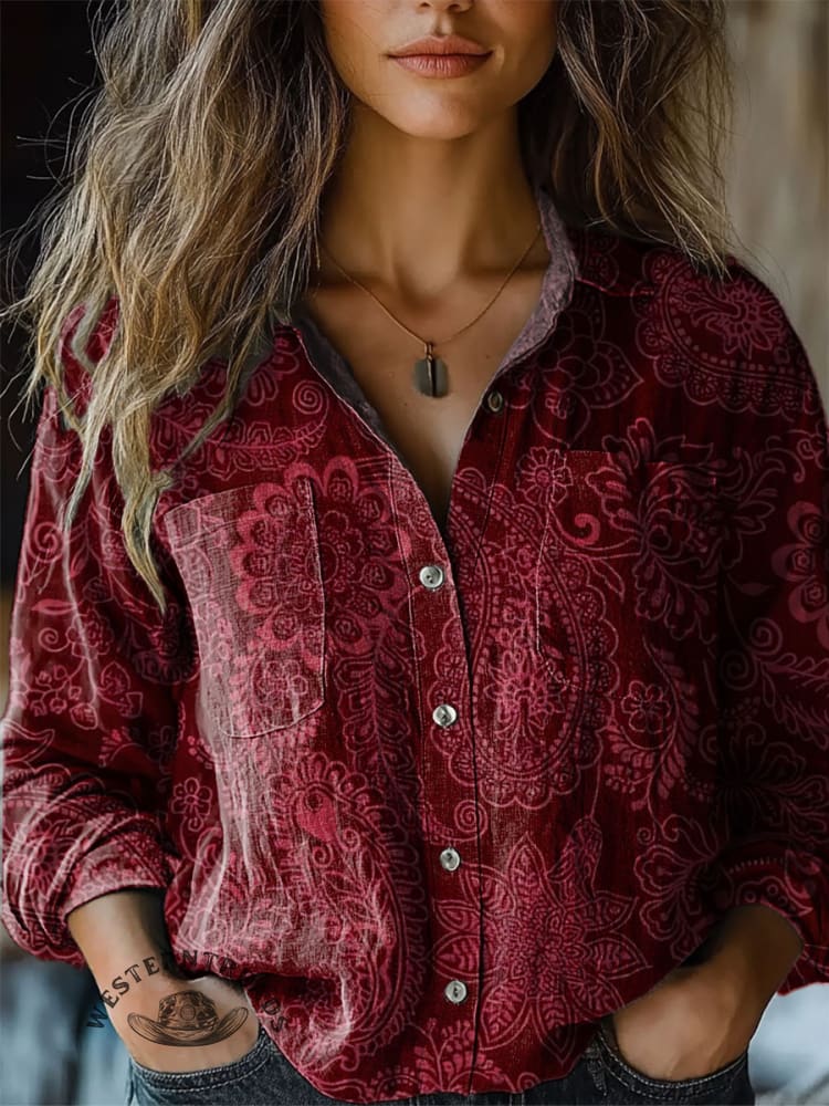Women's Vintage Burgundy Bohemian Print Cotton Shirt