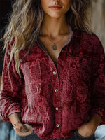 Women's Vintage Burgundy Bohemian Print Cotton Shirt