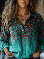 Women's Turquoise Vintage Floral Print Casual Shirt