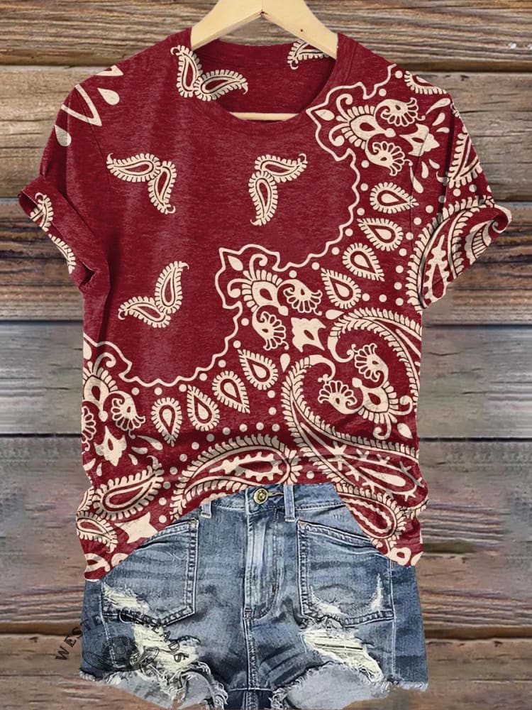 Burgundy Bohemian Print Casual T-Shirt