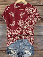 Burgundy Bohemian Print Casual T-Shirt