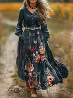 Women's Elegant Rose Print V-Neck Button-Down Maxi Dress