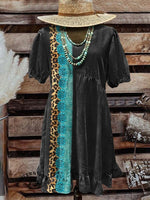 Simple Turquoise Leopard Print Round Neck T-Shirt