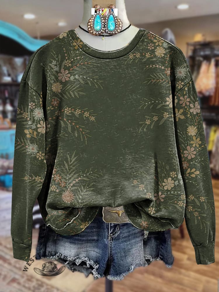 Retro Floral Print Casual Crewneck Sweatshirt