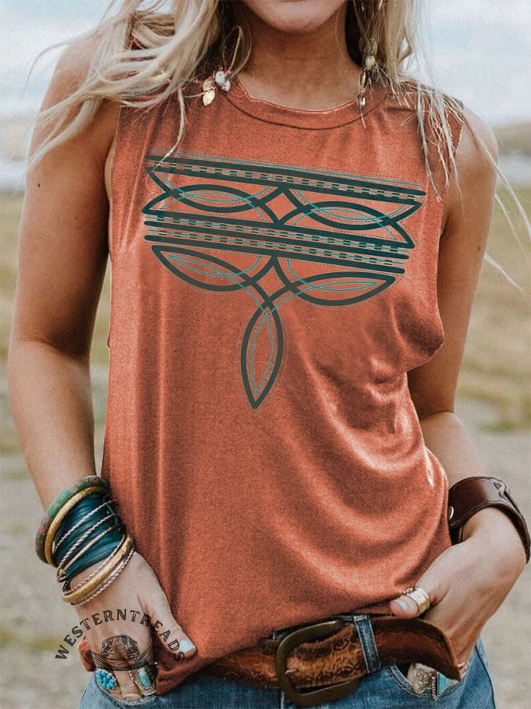 Western Cowboy Boots Stitch Print Crew Neck Sweatshirt