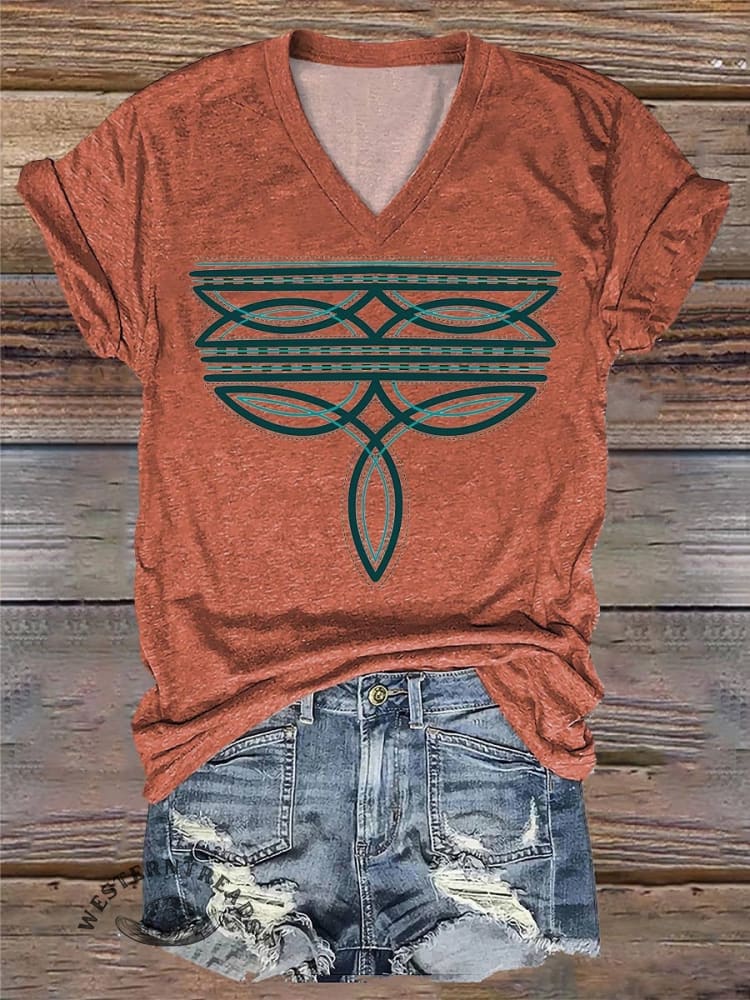 Western Cowboy Boots Stitch Print Crew Neck Sweatshirt