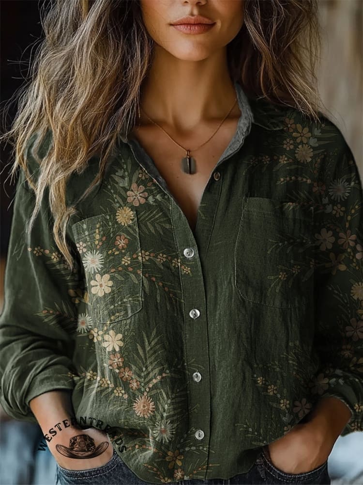 Simple Floral Art Print Casual V-Neck T-Shirt