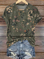 Retro Green Classic Floral Printed Casual T-shirt