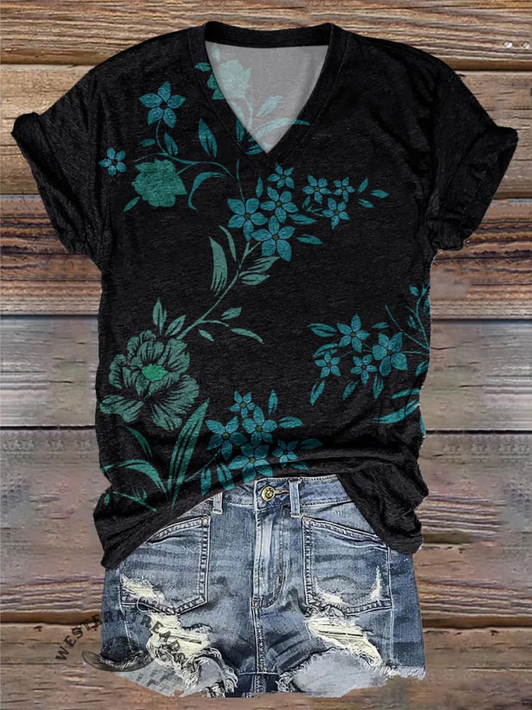 Simple Turquoise Flower Printed Casual V-Neck T-Shirt