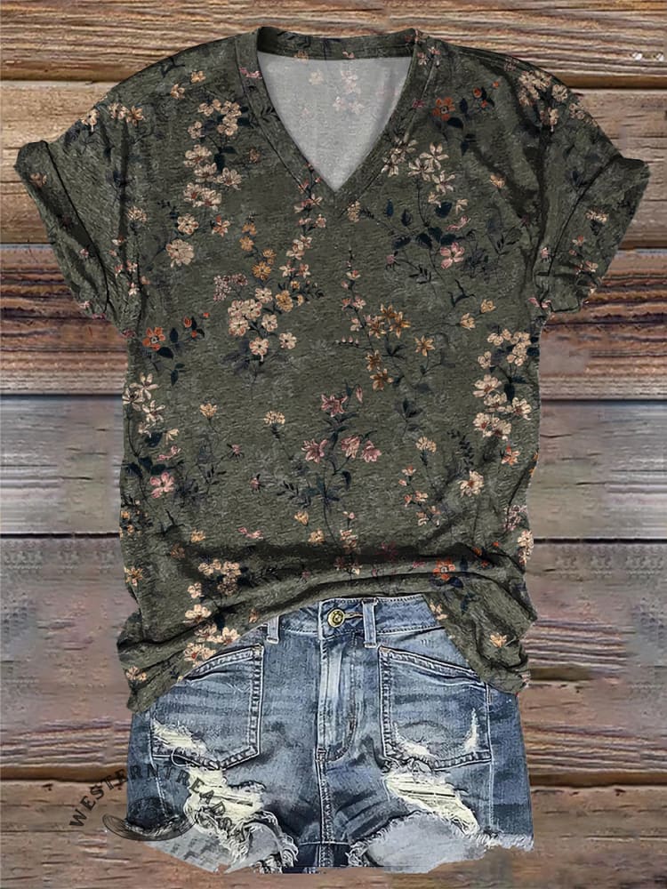 Floral Art Vintage Print Casual V-Neck T-Shirt