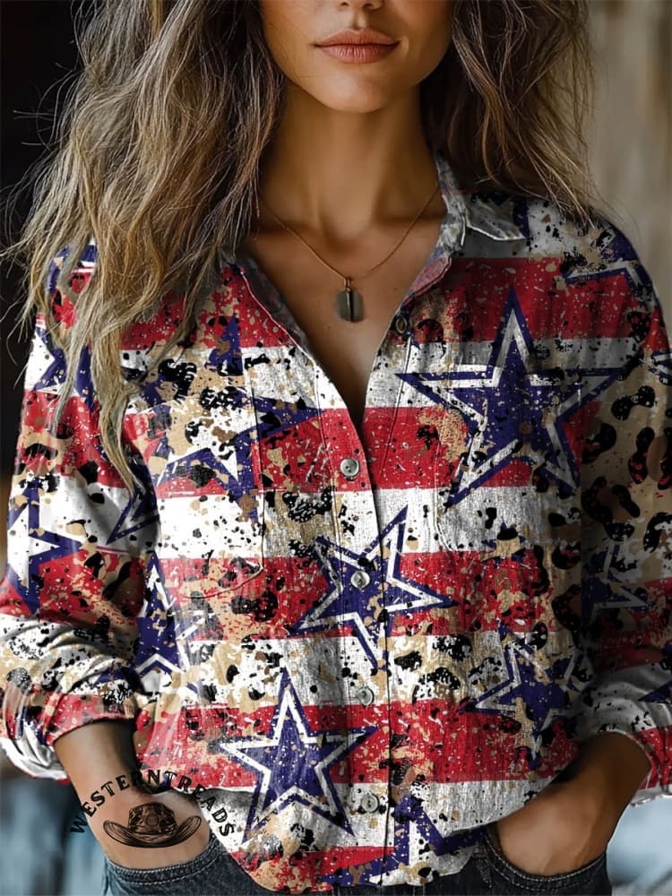 Retro Star Stripe Pattern Printed Casual T-shirt