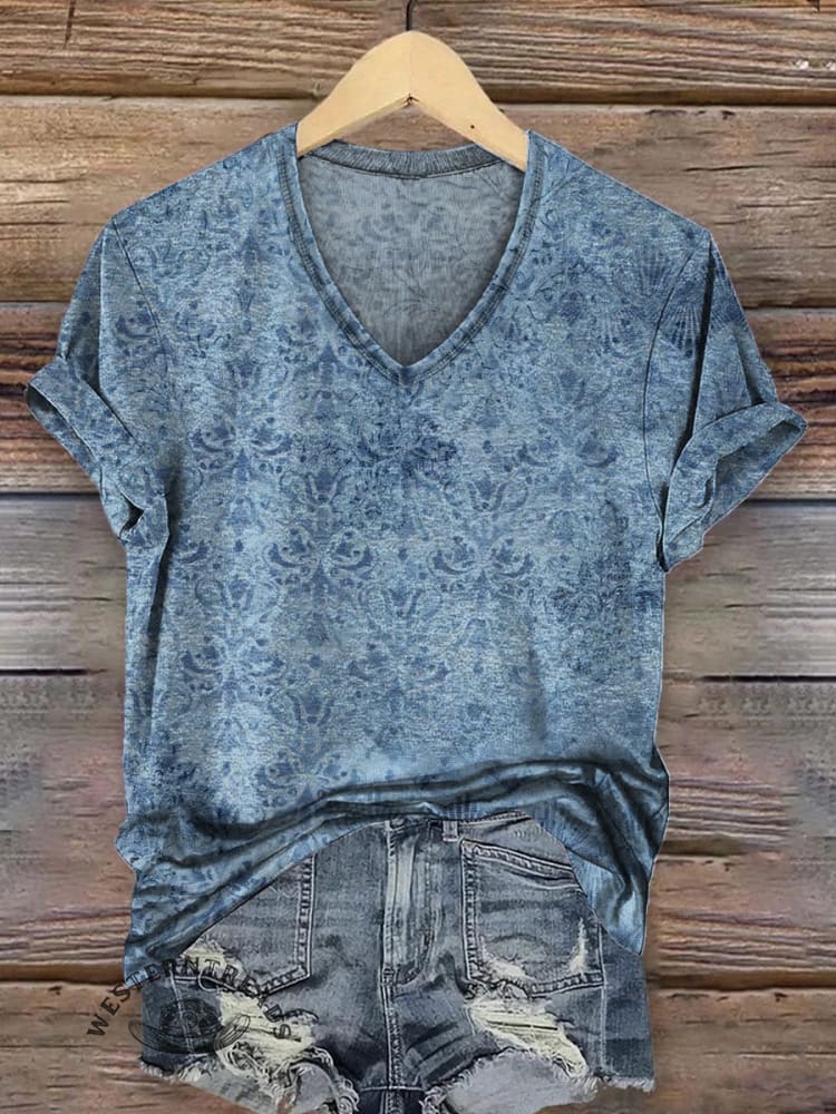 Retro Blue Pattern Printed Casual V-Neck T-Shirt