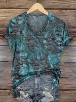 Vintage Turquoise Floral Texture Print Casual V-Neck T-Shirt