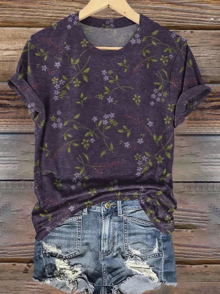 Retro Floral Pattern Printed Casual V-neck T-shirt