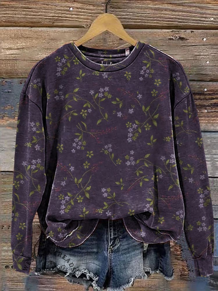 Retro Floral Pattern Printed Casual V-neck T-shirt