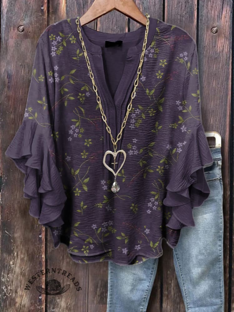 Retro Floral Pattern Printed Casual V-neck T-shirt