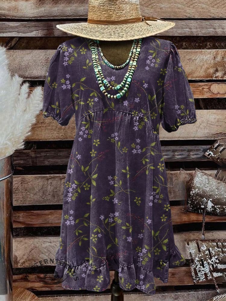 Retro Floral Pattern Printed Casual V-neck T-shirt