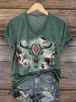 Retro Bull Skull Texture Graphic Print Casual T-shirt