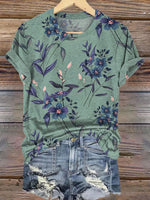 Retro Floral Pattern Print Casual V-neck T-shirt