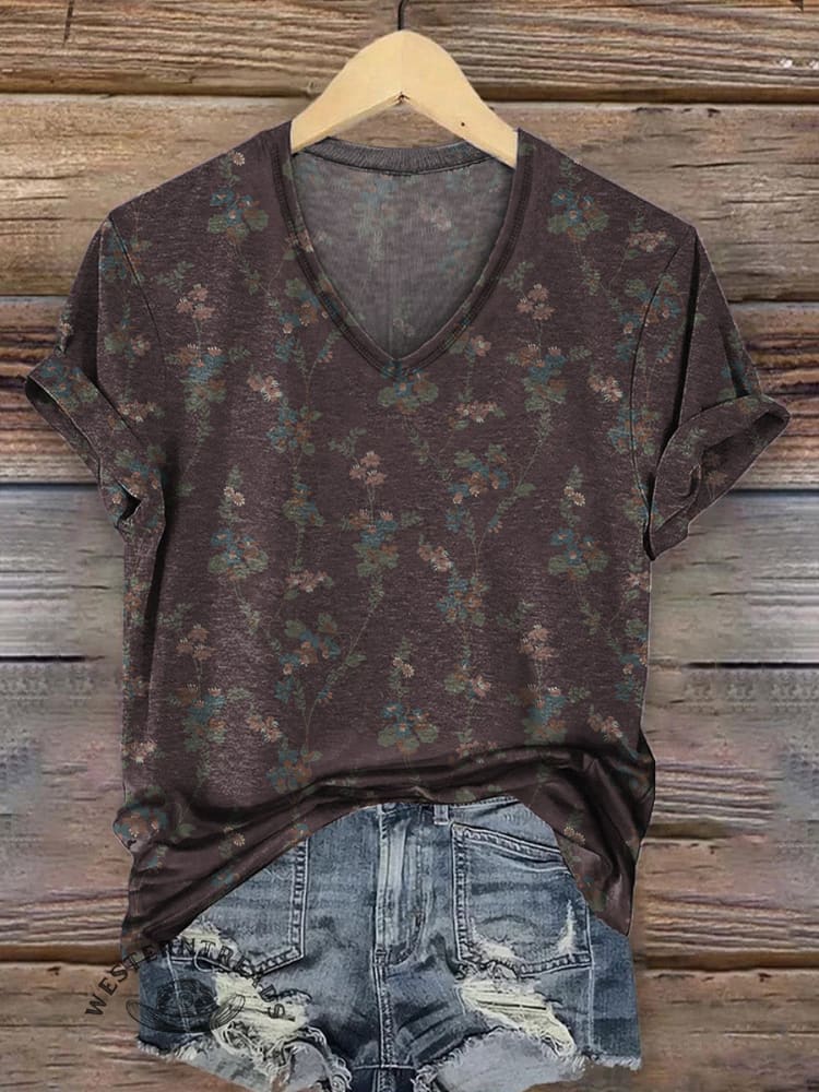Vintage Pattern Printed Casual V-neck T-shirt