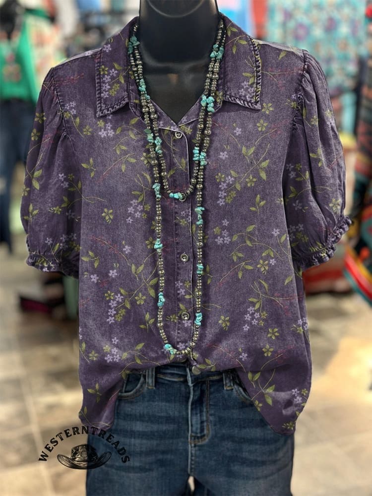 Retro Floral Pattern Printed Casual V-neck T-shirt