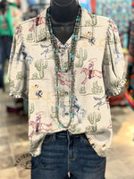 Women's vintage short-sleeve western shirt with retro print - lightweight casual top with cowboy-inspired style