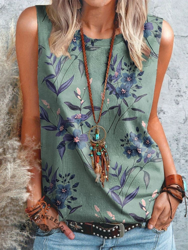 Retro Floral Pattern Print Casual V-neck T-shirt