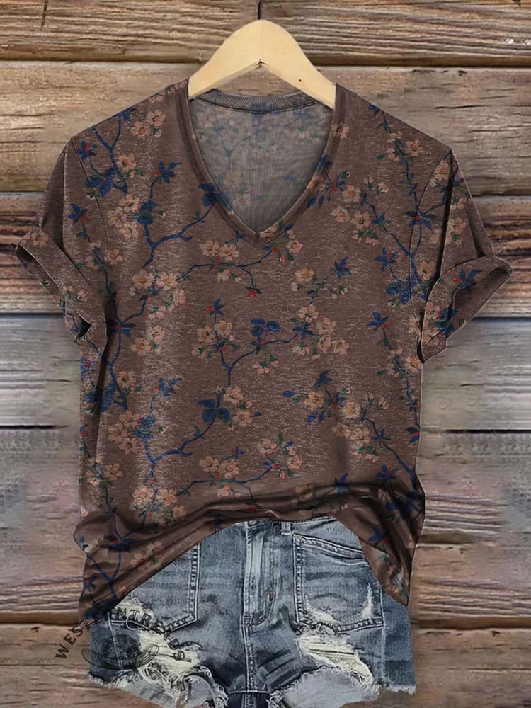 Retro Floral Pattern Print Casual V-neck T-shirt